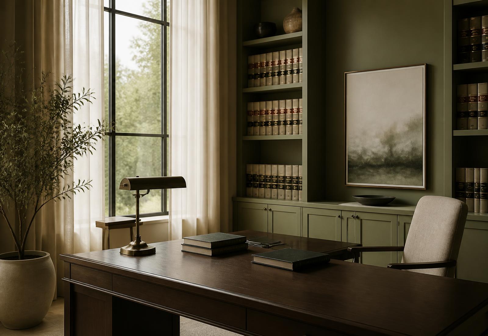 Interior de um escritório de advocacia, com estante de livros jurídicos e mesa de trabalho